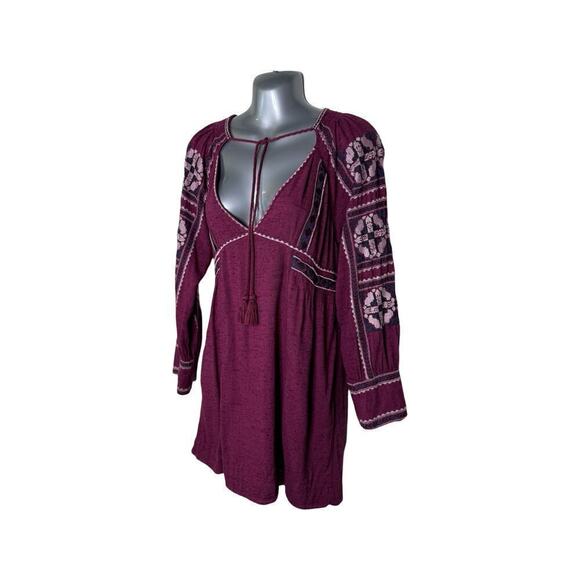 Free People All My Life Wine Embroidered Smocked Mini Dress Women’s XS Boho Chic - Picture 3 of 13